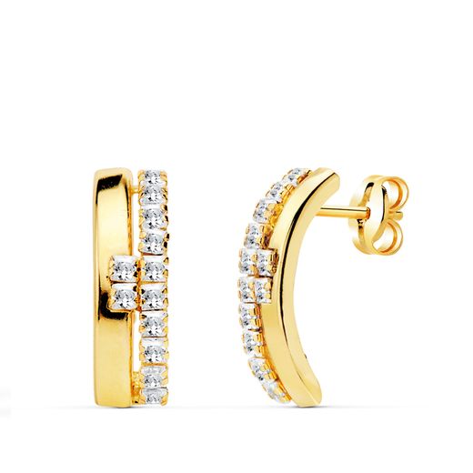 18K Pendientes Oro Amarillo Bandas Circonita 14X4.5 Mm Cierre Presion