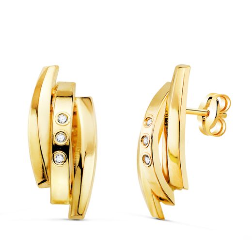 18K Pendientes Oro Amarillo Bandas Con Circonita. 17 X 8 Mm. Cierre Presion