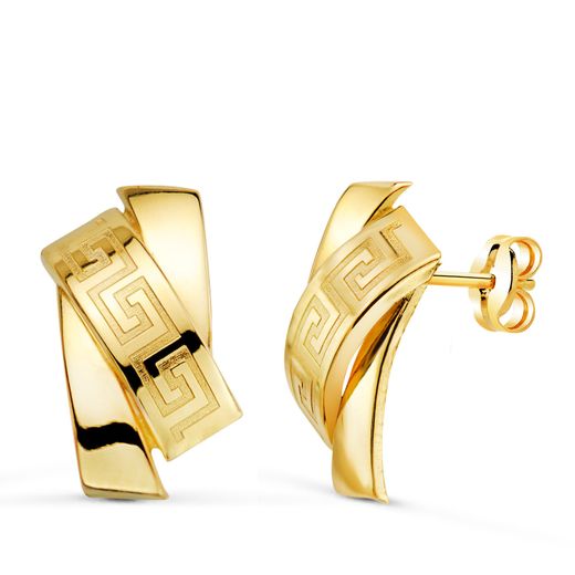 18K Pendientes Oro Amarillo Bandas Con Greca. 16 X 8.5 Mm. Cierre Presion