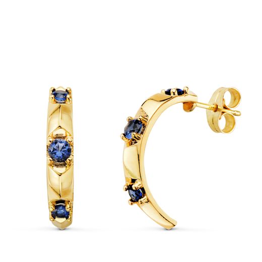 18K Pendientes Oro Amarillo Bandas Con Piedras Color Azul 18X3 Mm. Cierre Presion