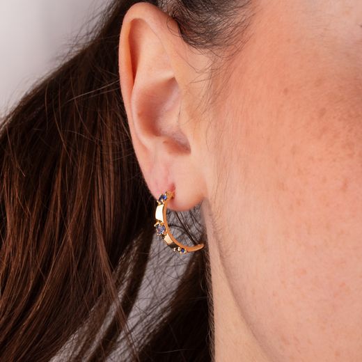 18K Pendientes Oro Amarillo Bandas Con Piedras Color Azul 18X3 Mm. Cierre Presion
