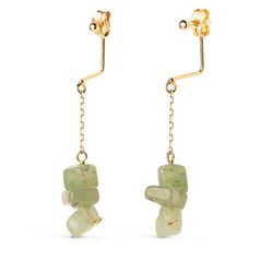 18K Pendientes Oro Amarillo Bola 2Mm Y Cadena Con 3 Piedras Verdes. Alto: 41Mm. Cierre Presion