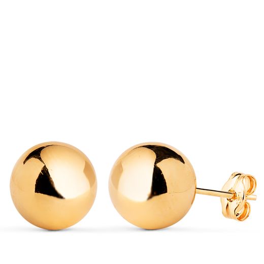 18K Pendientes Oro Amarillo Bola Lisa Brilla Hueca. Ancho: 10 Mm. Cierre Presion