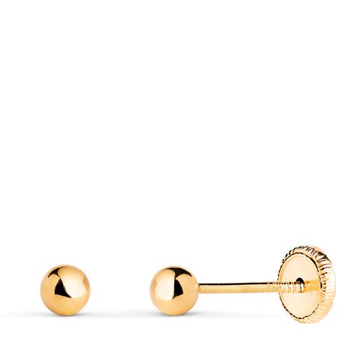 18K Pendientes Oro Amarillo Bola Lisa Brilla Hueca. Ancho: 3 Mm. Cierre Tuerca