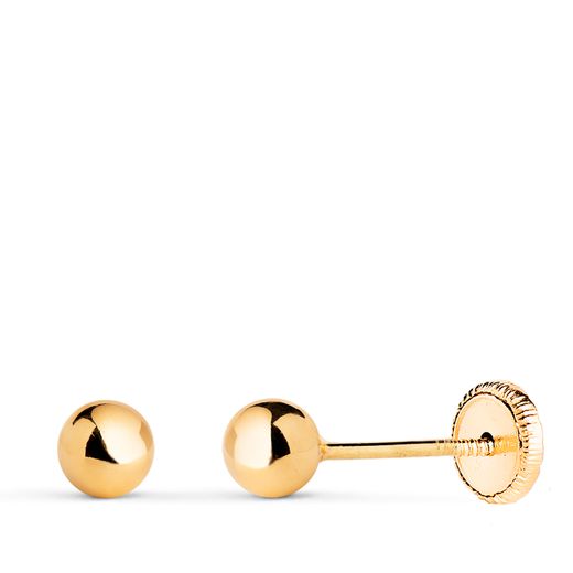 18K Pendientes Oro Amarillo Bola Lisa Brilla Hueca. Ancho: 4 Mm. Cierre Tuerca