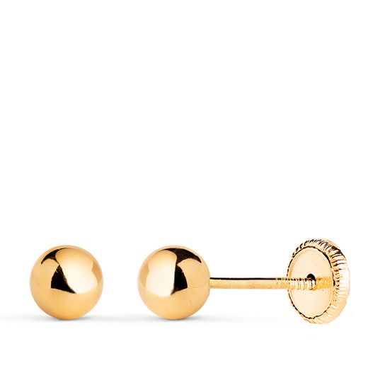 18K Pendientes Oro Amarillo Bola Lisa Brilla Hueca. Ancho: 5 Mm. Cierre Tuerca