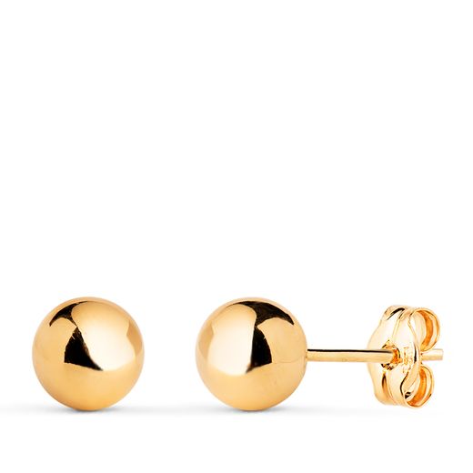 18K Pendientes Oro Amarillo Bola Lisa Brilla Hueca. Ancho: 6 Mm. Cierre Presion