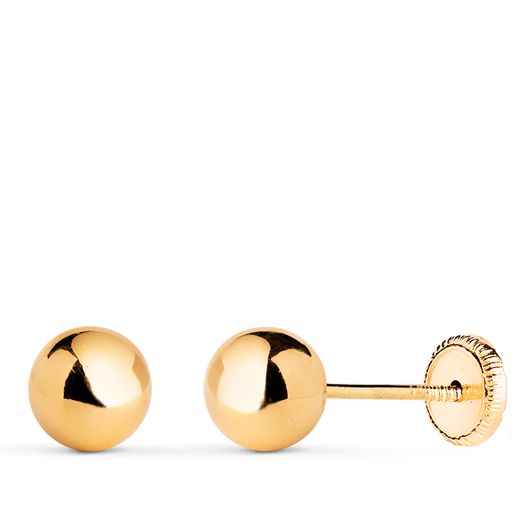 18K Pendientes Oro Amarillo Bola Lisa Brilla Hueca. Ancho: 6 Mm. Cierre Tuerca