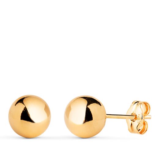 18K Pendientes Oro Amarillo Bola Lisa Brilla Hueca. Ancho: 7 Mm. Cierre Presion