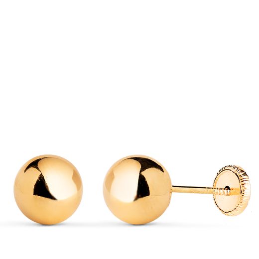 18K Pendientes Oro Amarillo Bola Lisa Brilla Hueca. Ancho: 7 Mm. Cierre Tuerca