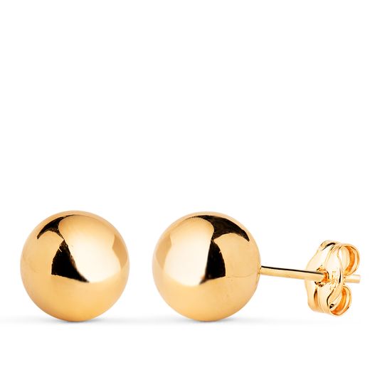 18K Pendientes Oro Amarillo Bola Lisa Brilla Hueca. Ancho: 8 Mm. Cierre Presion