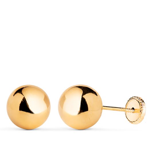 18K Pendientes Oro Amarillo Bola Lisa Brilla Hueca. Ancho: 8 Mm. Cierre Tuerca