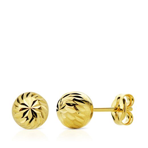 18K Pendientes Oro Amarillo Bola Tallada 7 Mm Cierre Presion