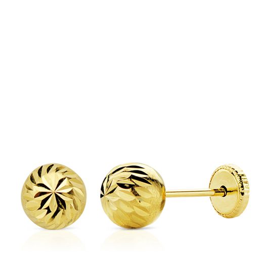 18K Pendientes Oro Amarillo Bola Tallada 7 Mm Cierre Tuerca