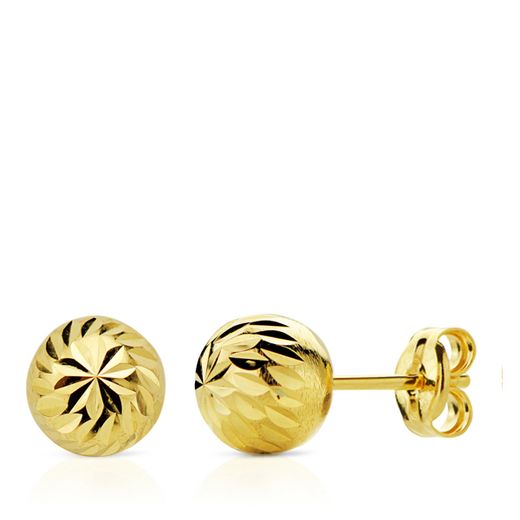 18K Pendientes Oro Amarillo Bola Tallada 8 Mm Cierre Presion