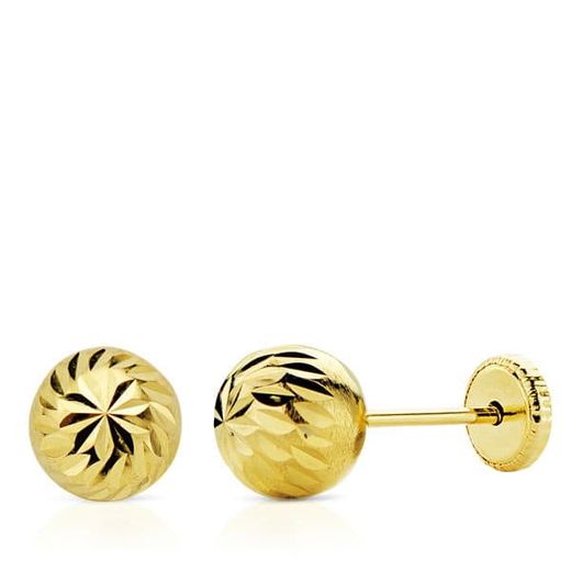 18K Pendientes Oro Amarillo Bola Tallada 8 Mm Cierre Tuerca