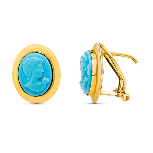18K Pendientes Oro Amarillo Camafeo 10X8 Mm Turquesa Cierre Catalán