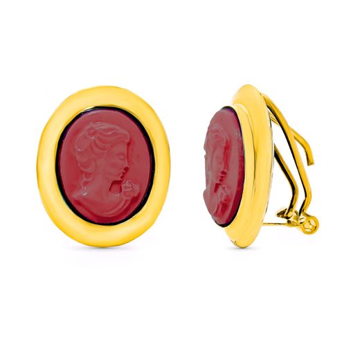 18K Pendientes Oro Amarillo Camafeo Coral Cierre Catalán