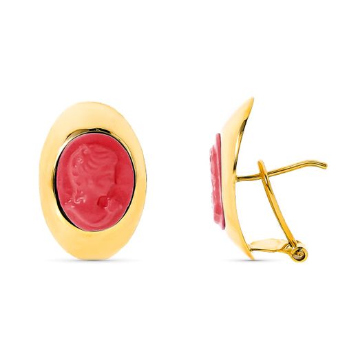 18K Pendientes Oro Amarillo Camafeo Coralina 20X13 Mm Cierre Omega