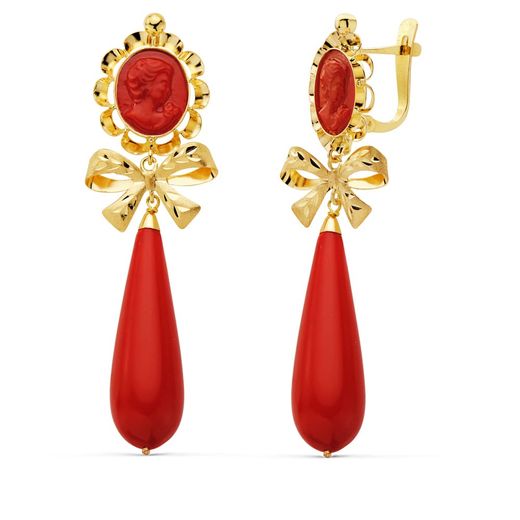 18K Pendientes Oro Amarillo Camafeo Lazo Coralina 62X18 Mm Cierre Catalan