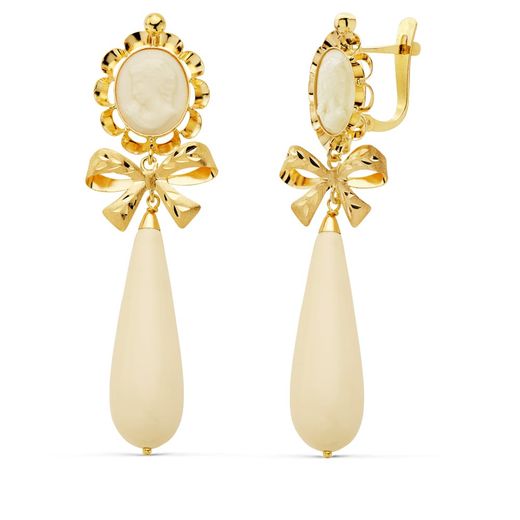 18K Pendientes Oro Amarillo Camafeo Lazo Marfil 62X18 Cierre Catalan