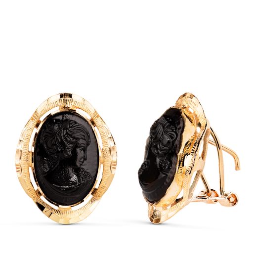 18K Pendientes Oro Amarillo Camafeo Negro Cerco Tallado. Medida: 19X15 Mm. Cierre Omega