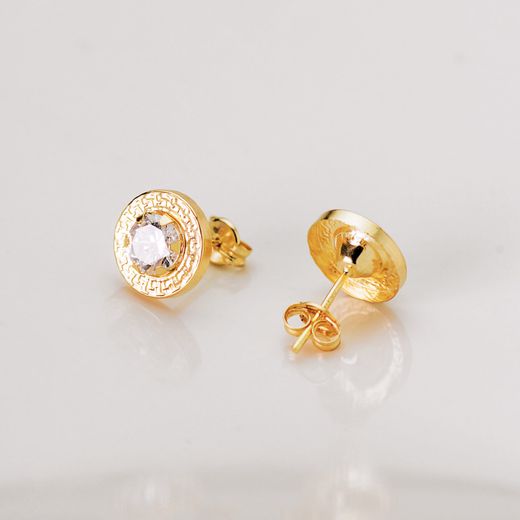 18K Pendientes Oro Amarillo Cerco Greca Y Circonita Garras 5Mm. 9 Mm Cierre Presion