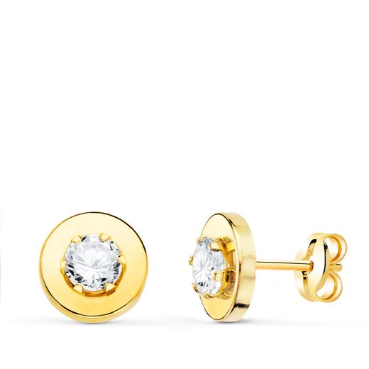 18K Pendientes Oro Amarillo Cerco Liso Y Circonita En Garras 4Mm. 7,5 Mm Cierre Presion