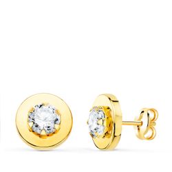 18K Pendientes Oro Amarillo Cerco Liso Y Circonita En Garras 5Mm. 9 Mm Cierre Presion