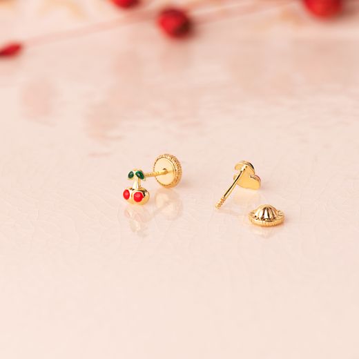 18K Pendientes Oro Amarillo Cerezas Esmalte 5X4 Mm. Cierre Tuerca