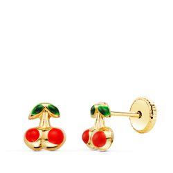 18K Pendientes Oro Amarillo Cerezas Esmalte 6X5 Mm. Cierre Tuerca