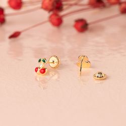 18K Pendientes Oro Amarillo Cerezas Esmalte 6X5 Mm. Cierre Tuerca