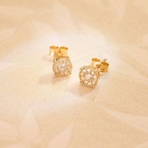 18K Pendientes Oro Amarillo Chaton 20 Diamantes 0.365 Qtes Vs2-G. 6,5X6,5 Mm. Presion