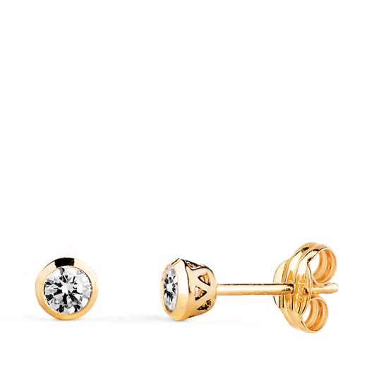 18K Pendientes Oro Amarillo Chaton Con Circonita Canastilla Calada. Ancho: 4Mm. Cierre Presion