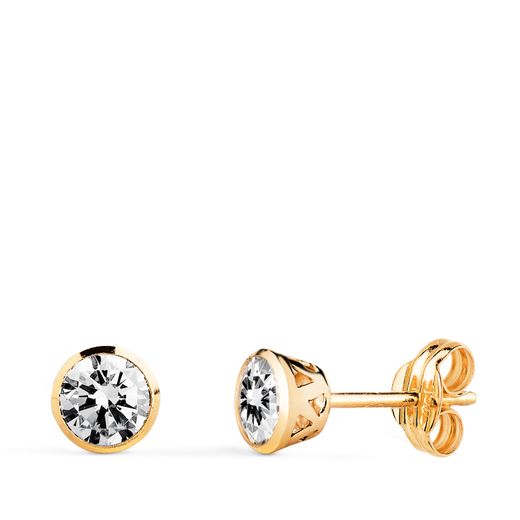 18K Pendientes Oro Amarillo Chaton Con Circonita Canastilla Calada. Ancho: 5Mm. Cierre Presion