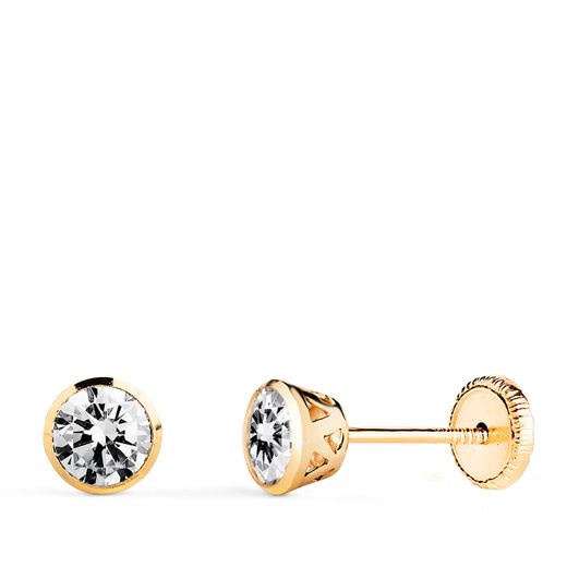 18K Pendientes Oro Amarillo Chaton Con Circonita Canastilla Calada. Ancho: 5Mm. Cierre Tuerca