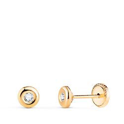 18K Pendientes Oro Amarillo Chaton Con Circonita. Medida: 4Mm. Cierre Tuerca