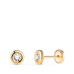 18K Pendientes Oro Amarillo Chaton Con Circonita. Medida: 5 Mm. Cierre Tuerca