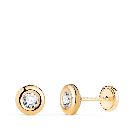 18K Pendientes Oro Amarillo Chaton Con Circonita. Medida: 5,5Mm. Cierre Tuerca
