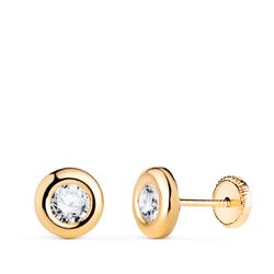 18K Pendientes Oro Amarillo Chaton Con Circonita. Medida: 7Mm. Cierre Tuerca