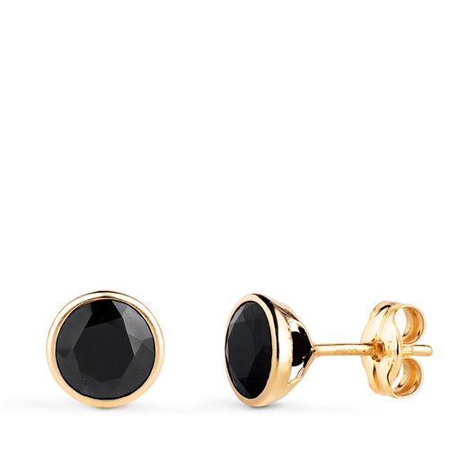 18K Pendientes Oro Amarillo Chaton Con Circonita Negra. Ancho: 6,2 Mm. Cierre Presion