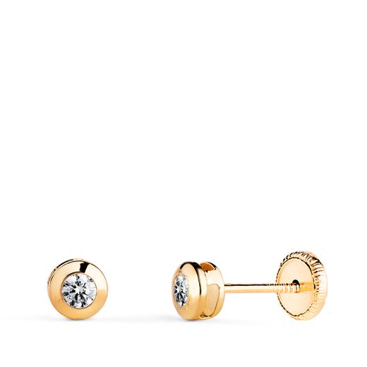 18K Pendientes Oro Amarillo Chaton Galeria Con Circonita. Medida: 4 Mm. Cierre Tuerca