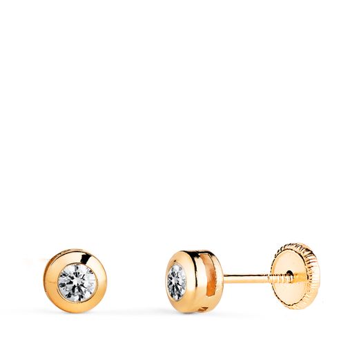 18K Pendientes Oro Amarillo Chaton Galeria Con Circonita. Medida: 5 Mm. Cierre Tuerca