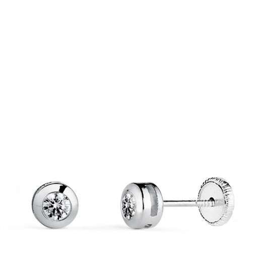 18K Pendientes Oro Amarillo Chaton Galeria Con Circonita. Medida: 5 Mm. Cierre Tuerca