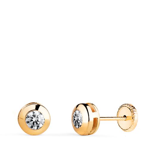 18K Pendientes Oro Amarillo Chaton Galeria Con Circonita. Medida: 6 Mm. Cierre Tuerca