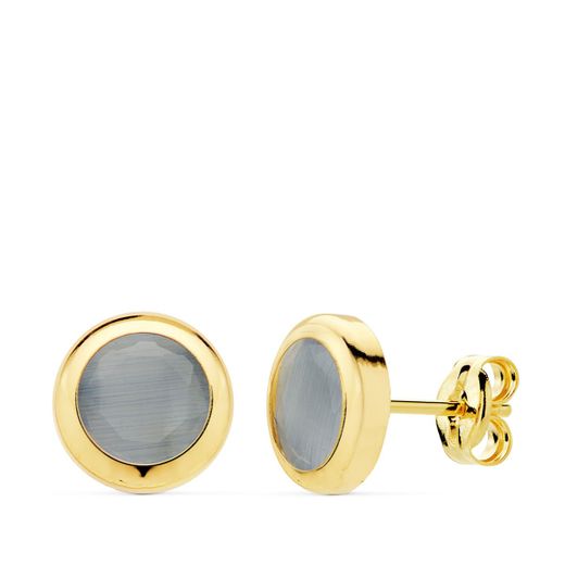 18K Pendientes Oro Amarillo Chaton Piedra Azul. 8.5 Mm Cierre Presion