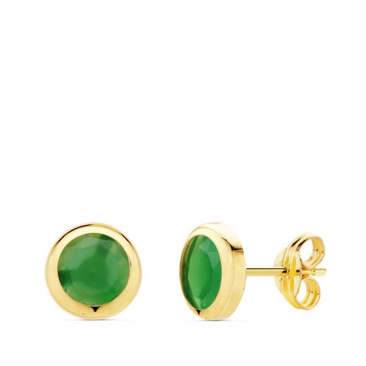 18K Pendientes Oro Amarillo Chaton Piedra Verde. 6.5 Mm Cierre Presion