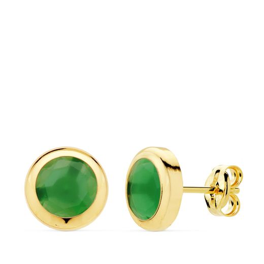 18K Pendientes Oro Amarillo Chaton Piedra Verde. 8.5 Mm Cierre Presion
