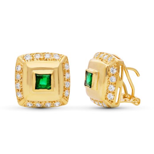 18K Pendientes Oro Amarillo Circonita 14X14 Mm Cierre Omega
