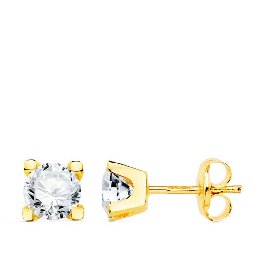 18K Pendientes Oro Amarillo Circonita 5 Mm 4 Garras Cierre Presion